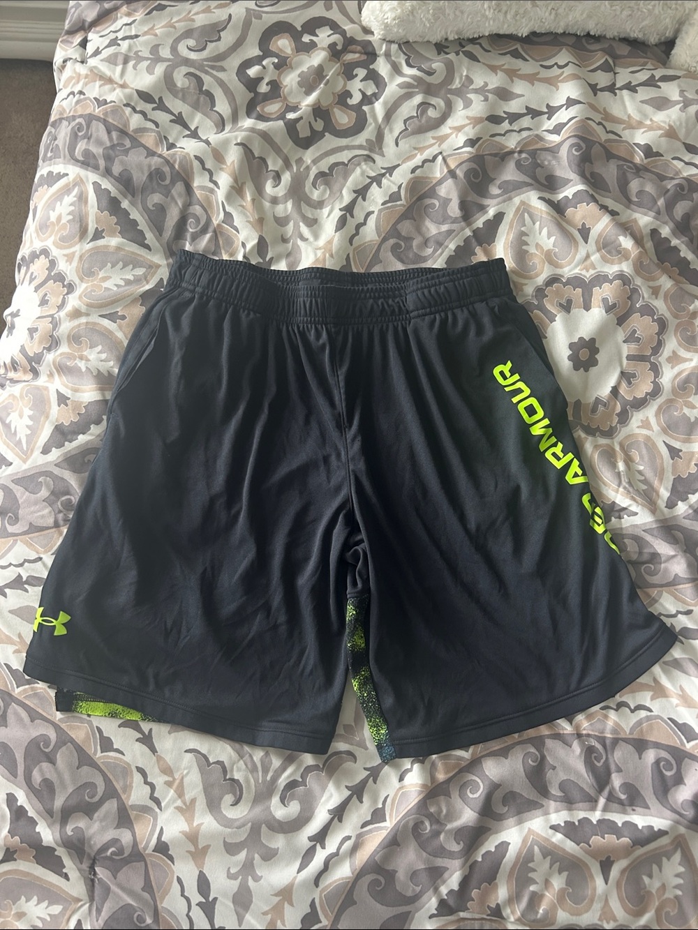 Under Armour youth Black Athletic Shorts with Neon Green Accents